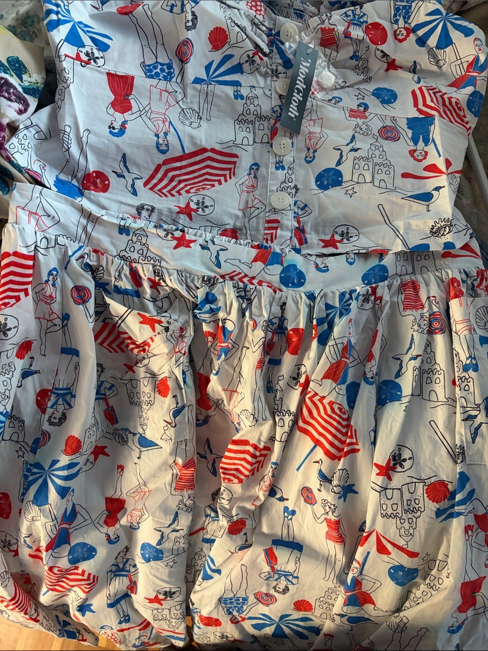 ModCloth White Sundress with Red & Blue Beach Print
